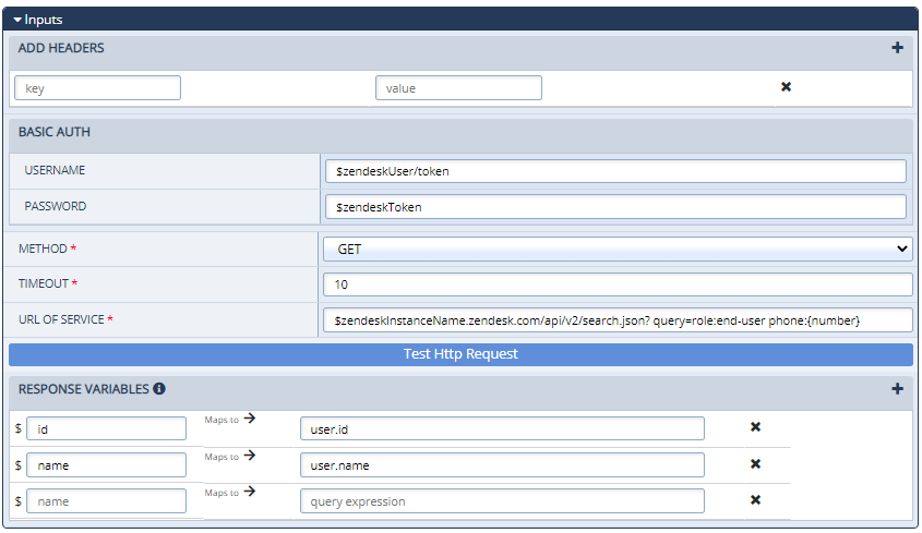 The Inputs section of the Configurations Panel for an External Web Call action